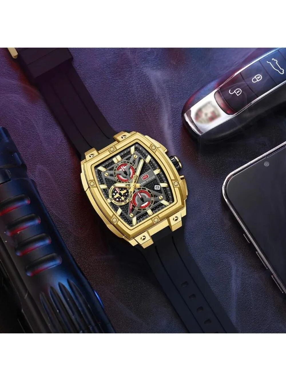 Men's Golden Analog Wrist Skeleton Tonneau Chronograph Ideal Enthusiasts Watch